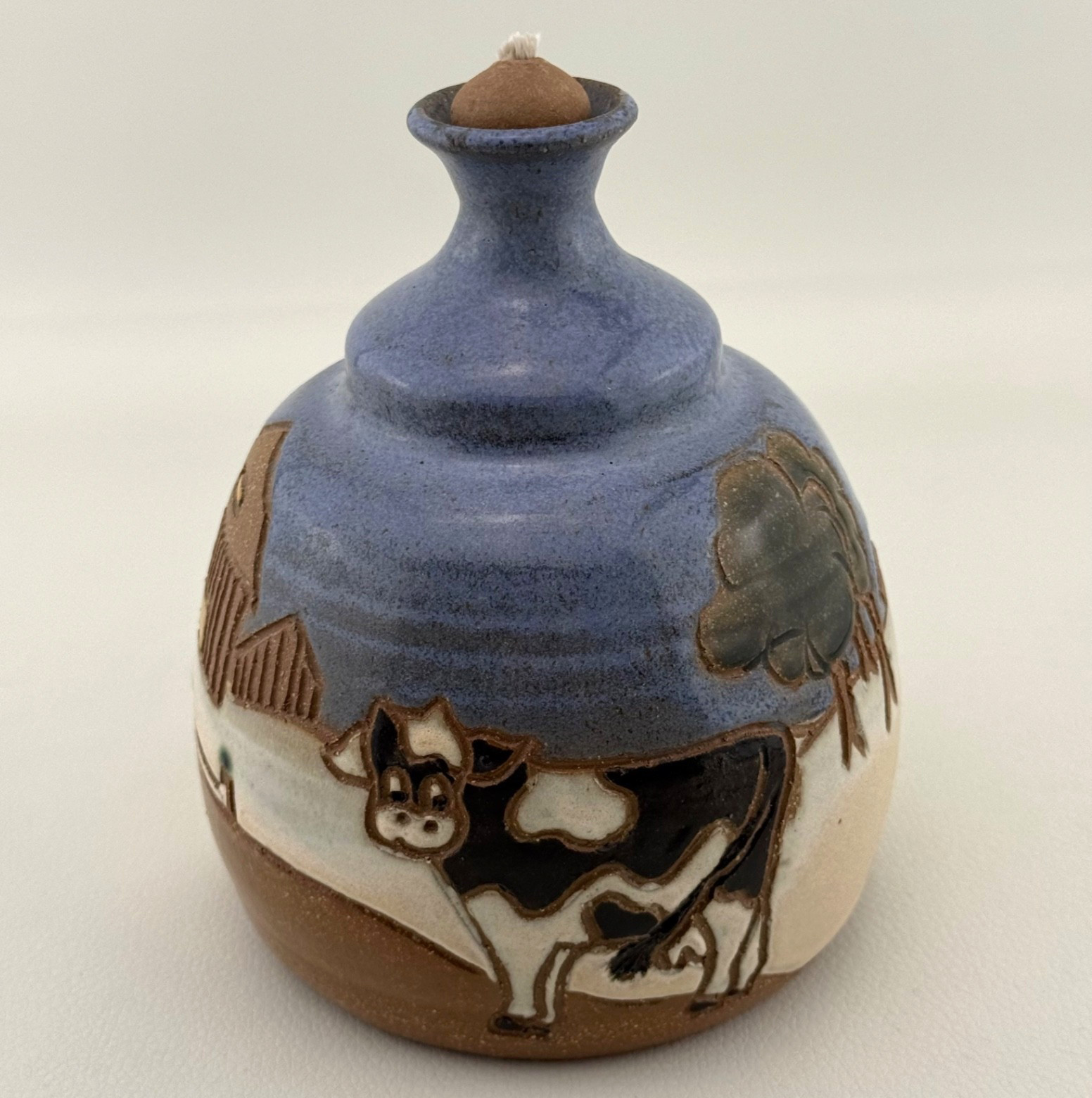 Art Pottery Oil Lamp Signed Includes Wick and Stopper Cow Farm Country Rustic 6"