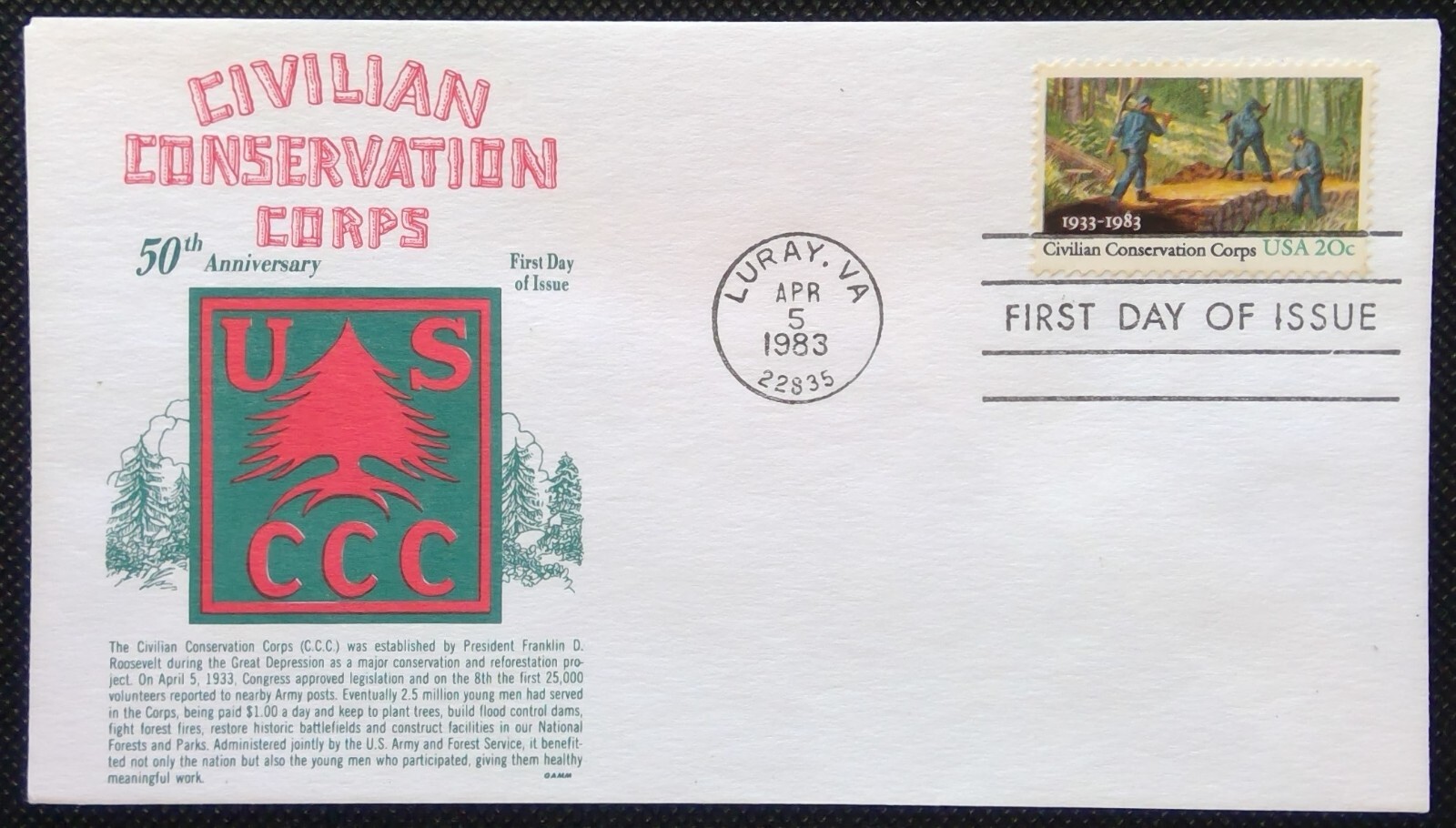 Scott 2037 FDC Civilian Conservation Corp 50th Anniversary Gamm Cachet