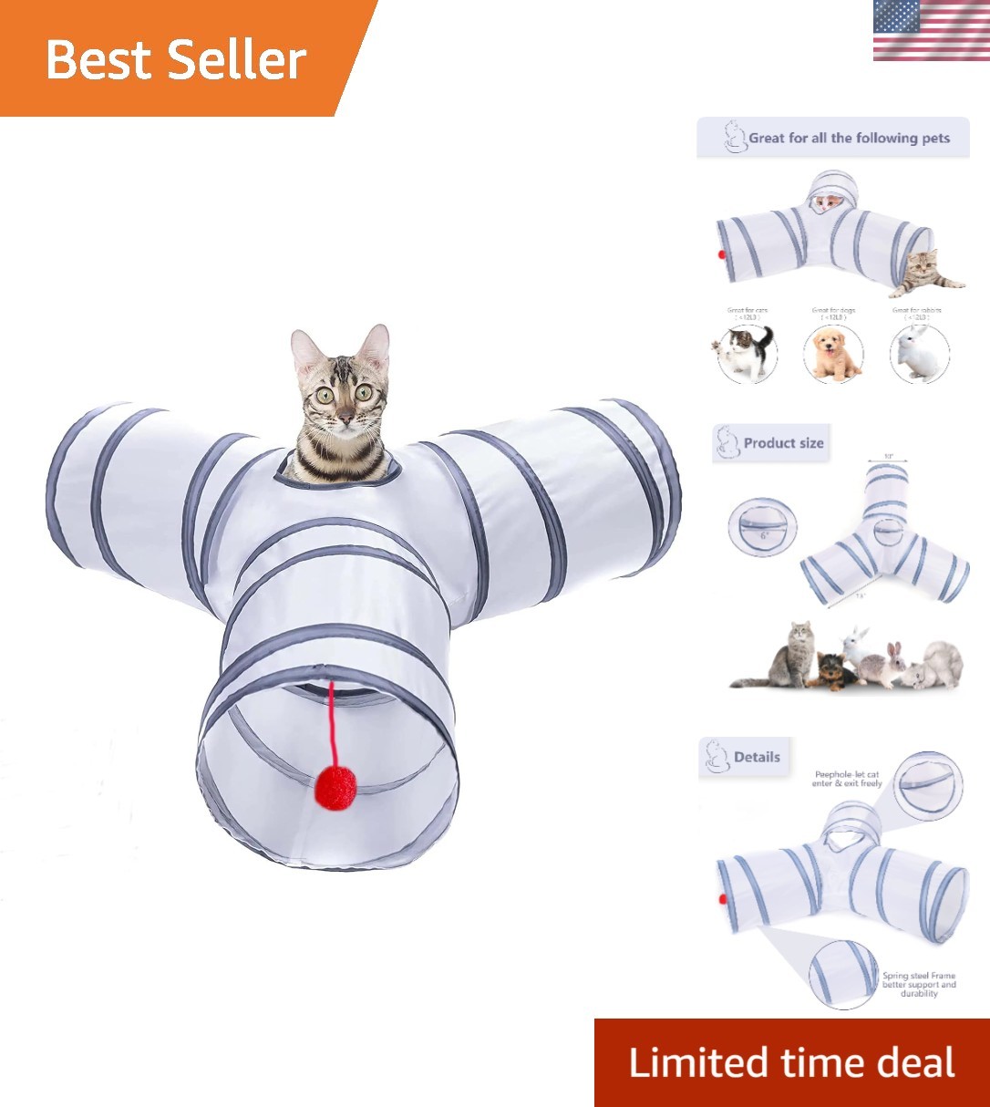 Cat Tunnel, Collapsible Tube with 1 Play Ball Toys, 3 Ways Tunnels for Indoor...