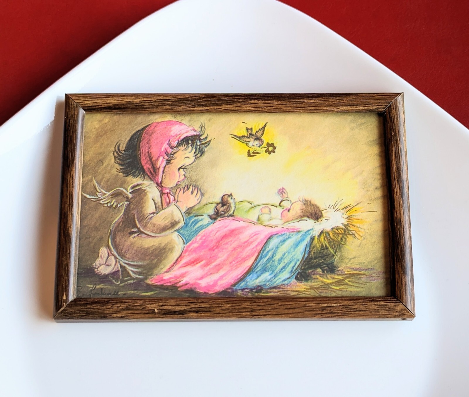 Vtg Framed Ephemera Baby Jesus Guardian Pray Girl Angel Nativity Eve Rockwell