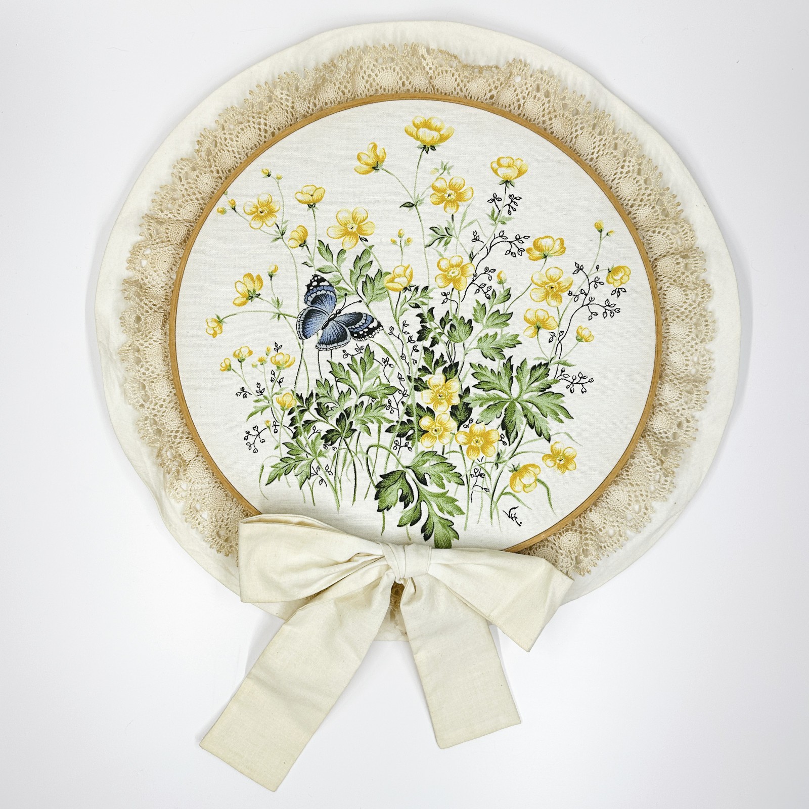 Vtg Handmade Embroidery Hoop Wall Art Butterfly Flowers Cottagecore Country Farm