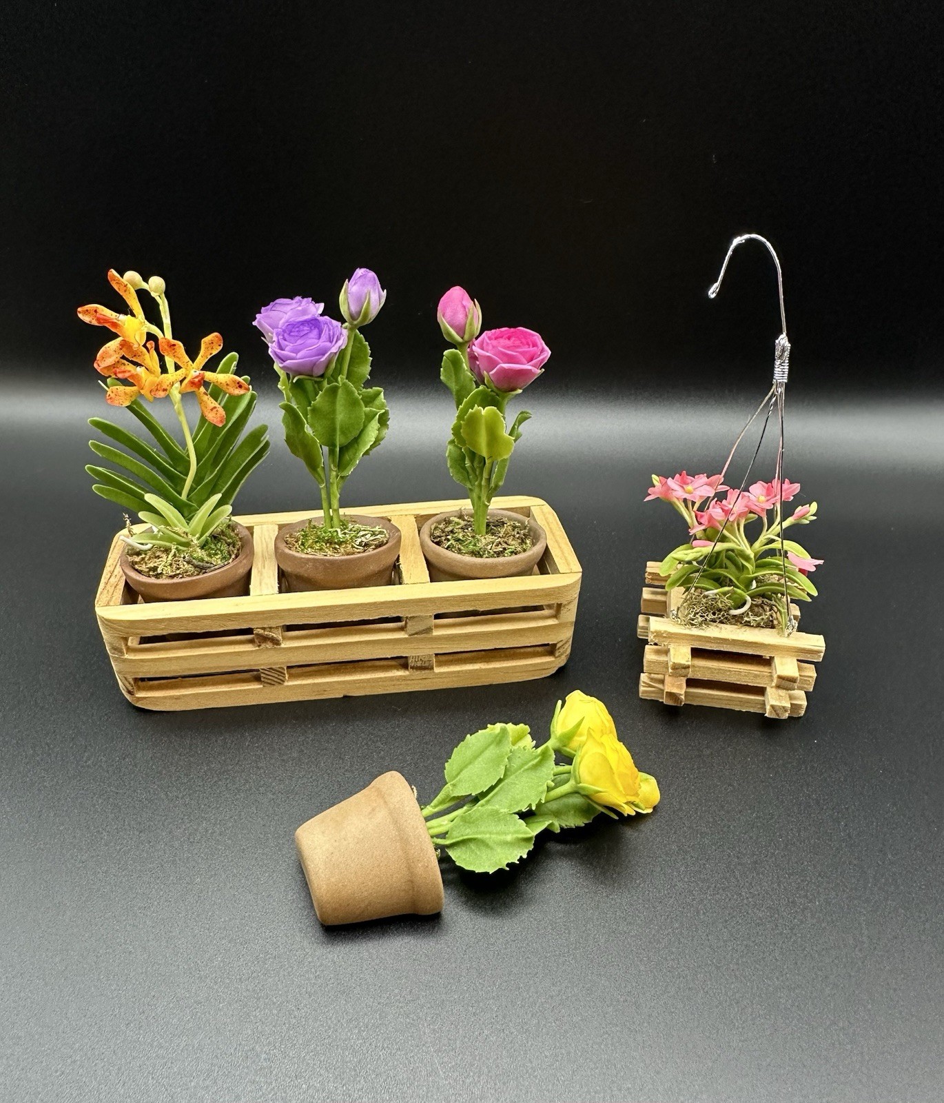 Flower Planter Set Clay Miniature Size Orchid Rose Dollhouse Spring Home Decor