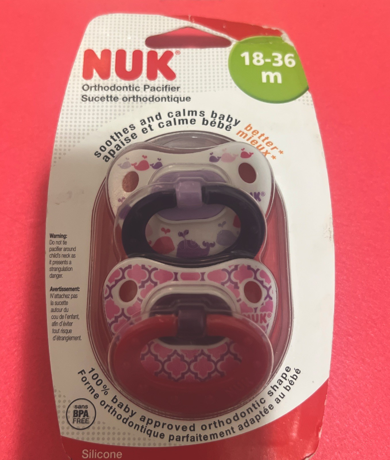 New Sealed NUK 18-36 Months Pink Purple Orthodontic Sucette/Pacifier 2 Pack Set