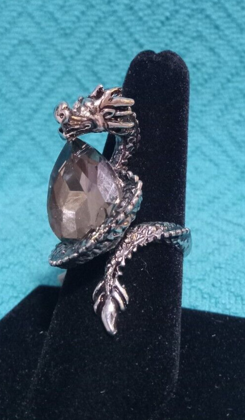 Medieval Fantasy Dragon Zirconia Stone Silver tone Metal Ring 7.75 (#0074)