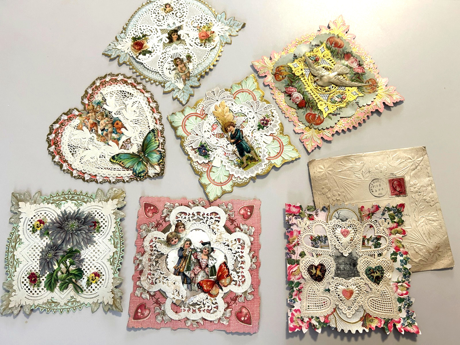 Antique Valentine Card  lot of 7 –paper lace  Embossed die cut Heart, c.1900
