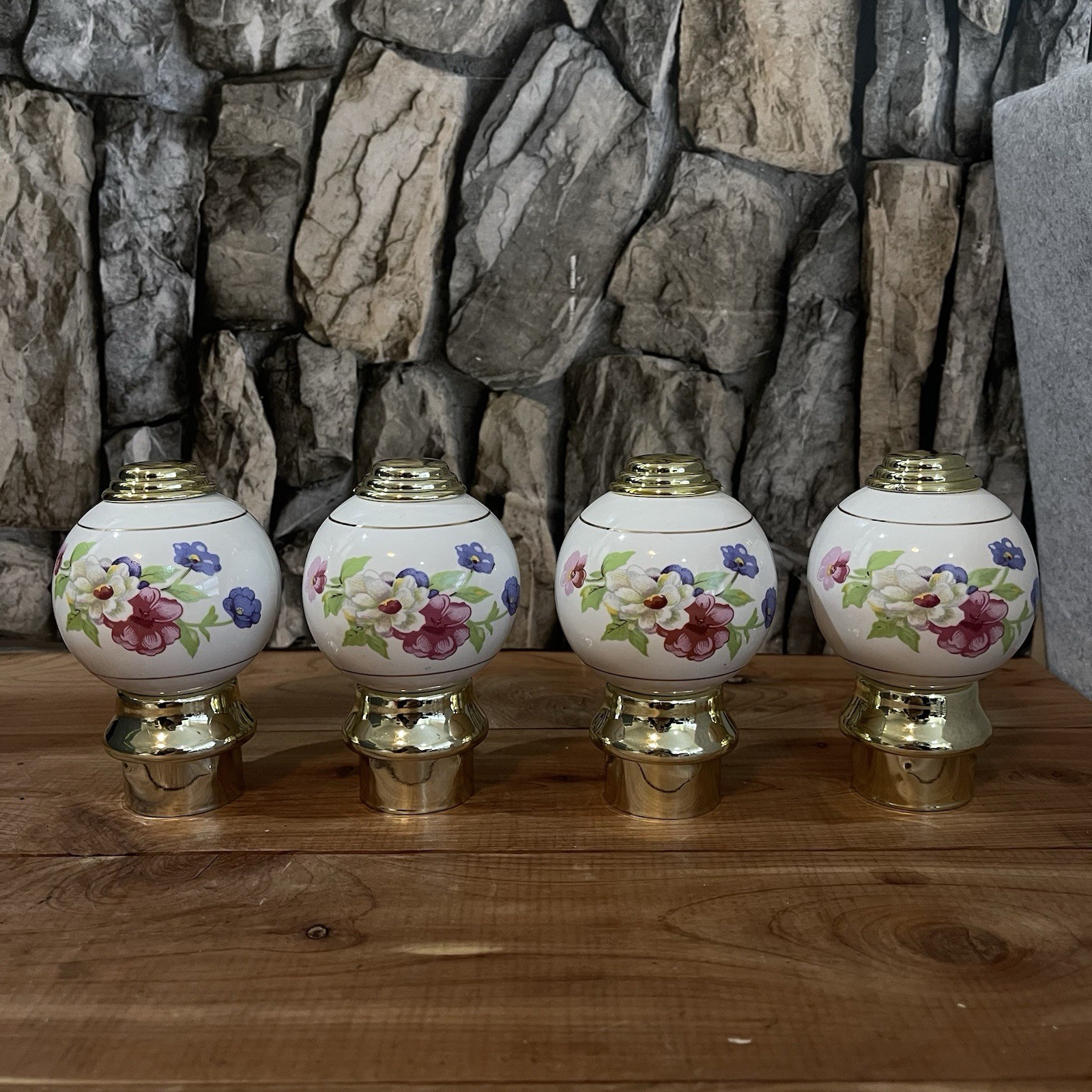 Vintage Porcelain & Brass Antique Floral Bed Post Handles Lot of 4 Antique Knobs