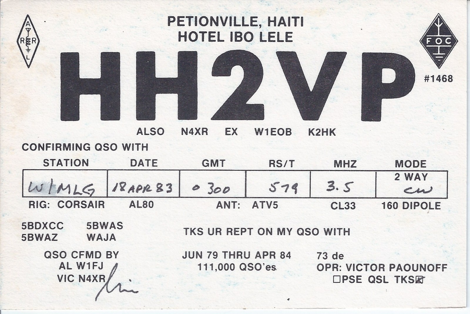 Vintage HH2VP Petionville Haiti 1983 Amateur Radio QSL Card