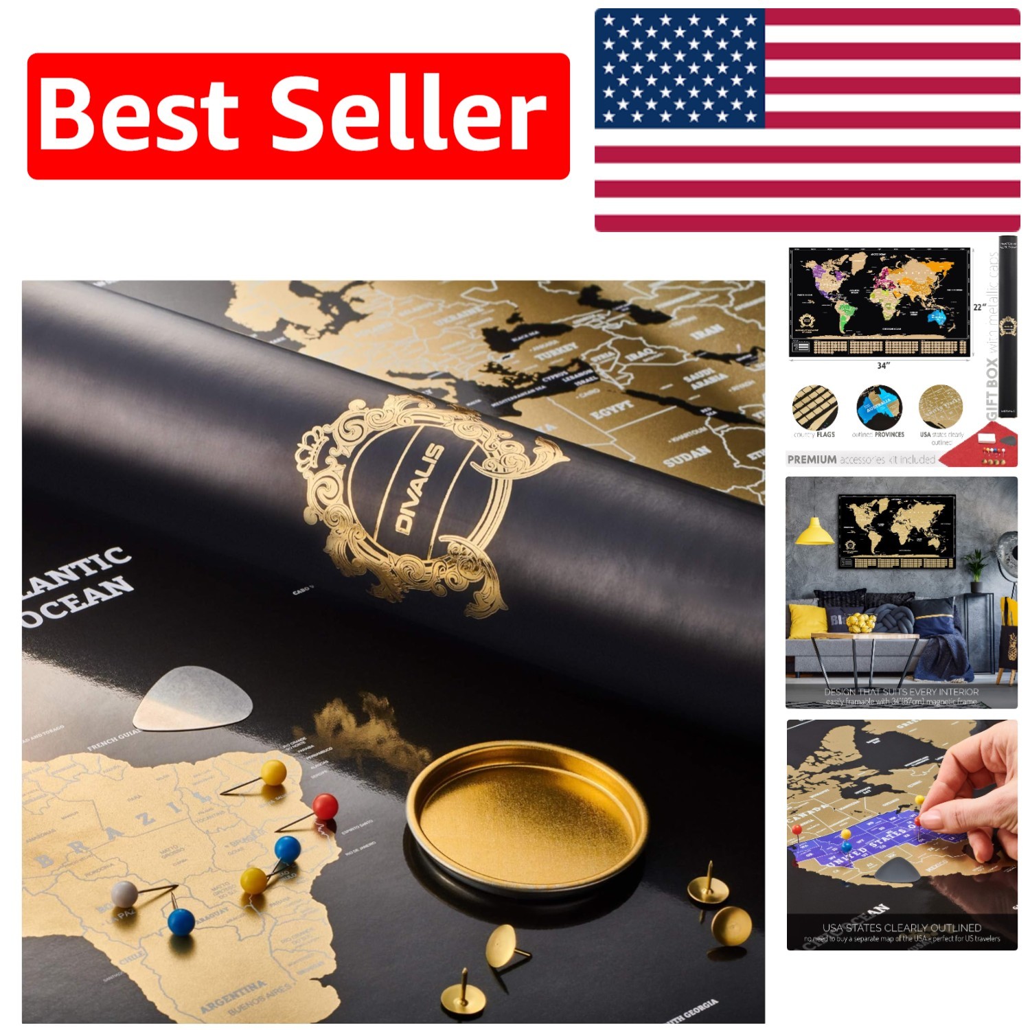 Durable Scratch Off World Map Poster - 22x34 Inches, Ultimate Travel Tracker