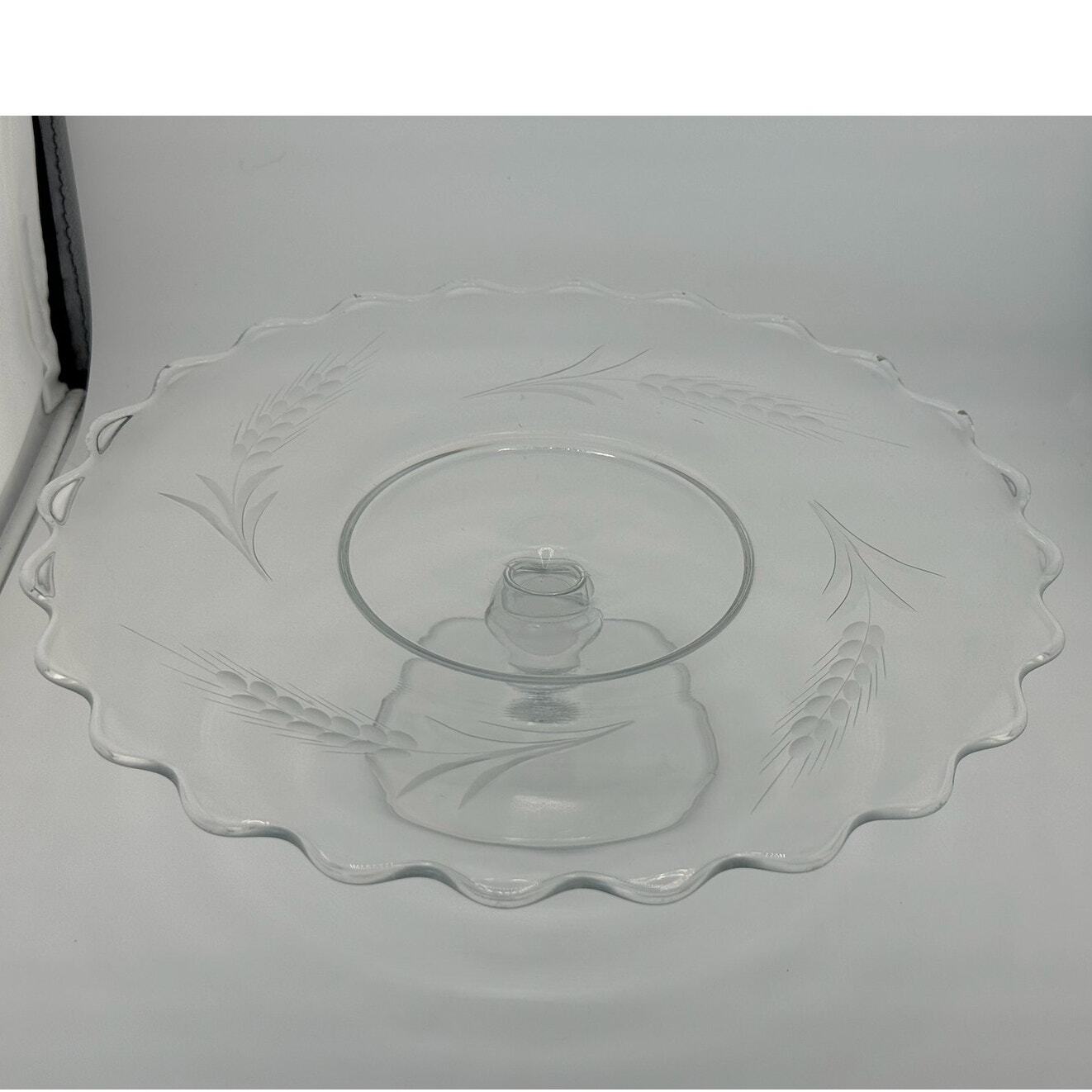 Vintage Clear Glass Cake Stand Scalloped Edge Wheat Etched Pedestal Cake Plate