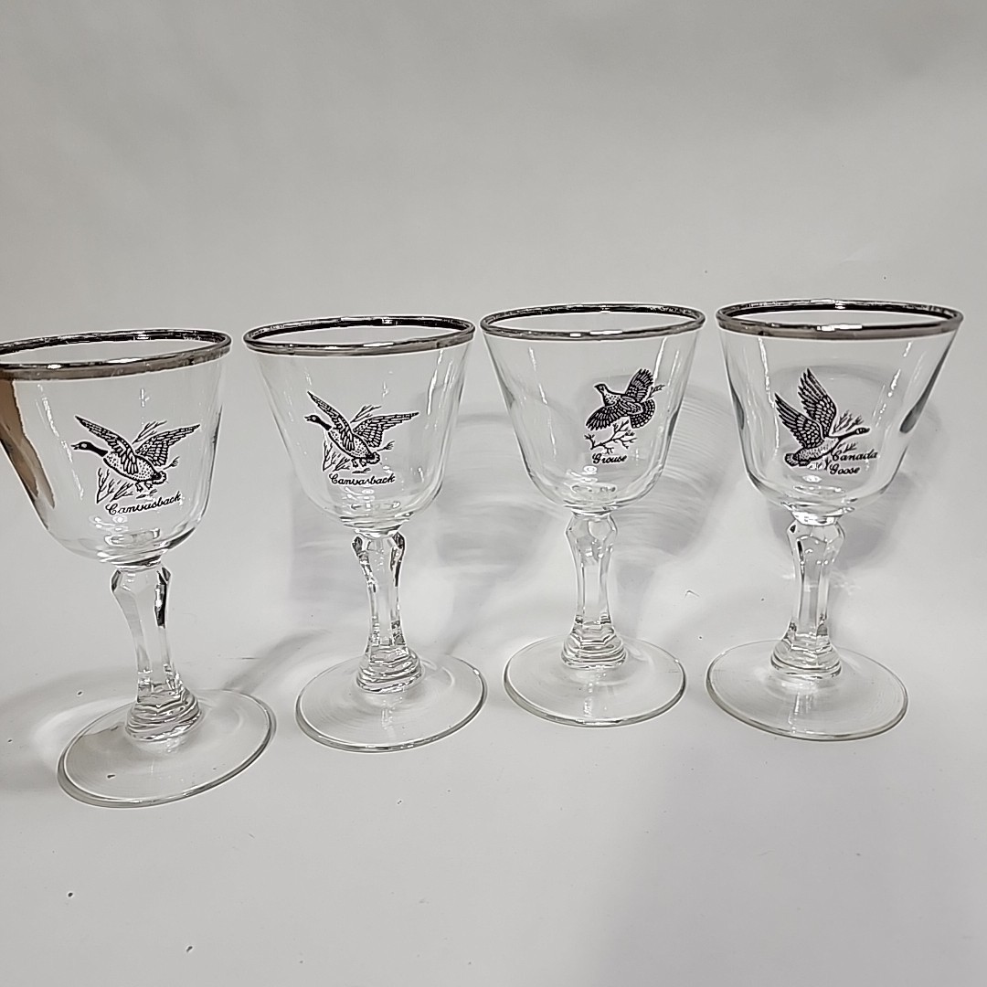 Set Of 4 - Federal Glass Co Cordial Wine Glasses Sportsman Game Birds