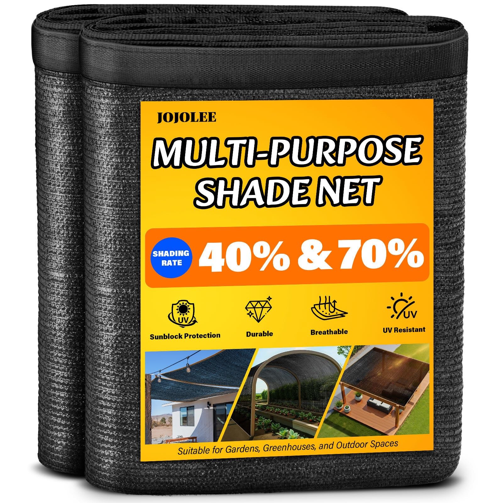 JOJOLEE 70% Sun Shade Cloth, 12x12FT Net Mesh Tarp 70%-12x12FT, Black 