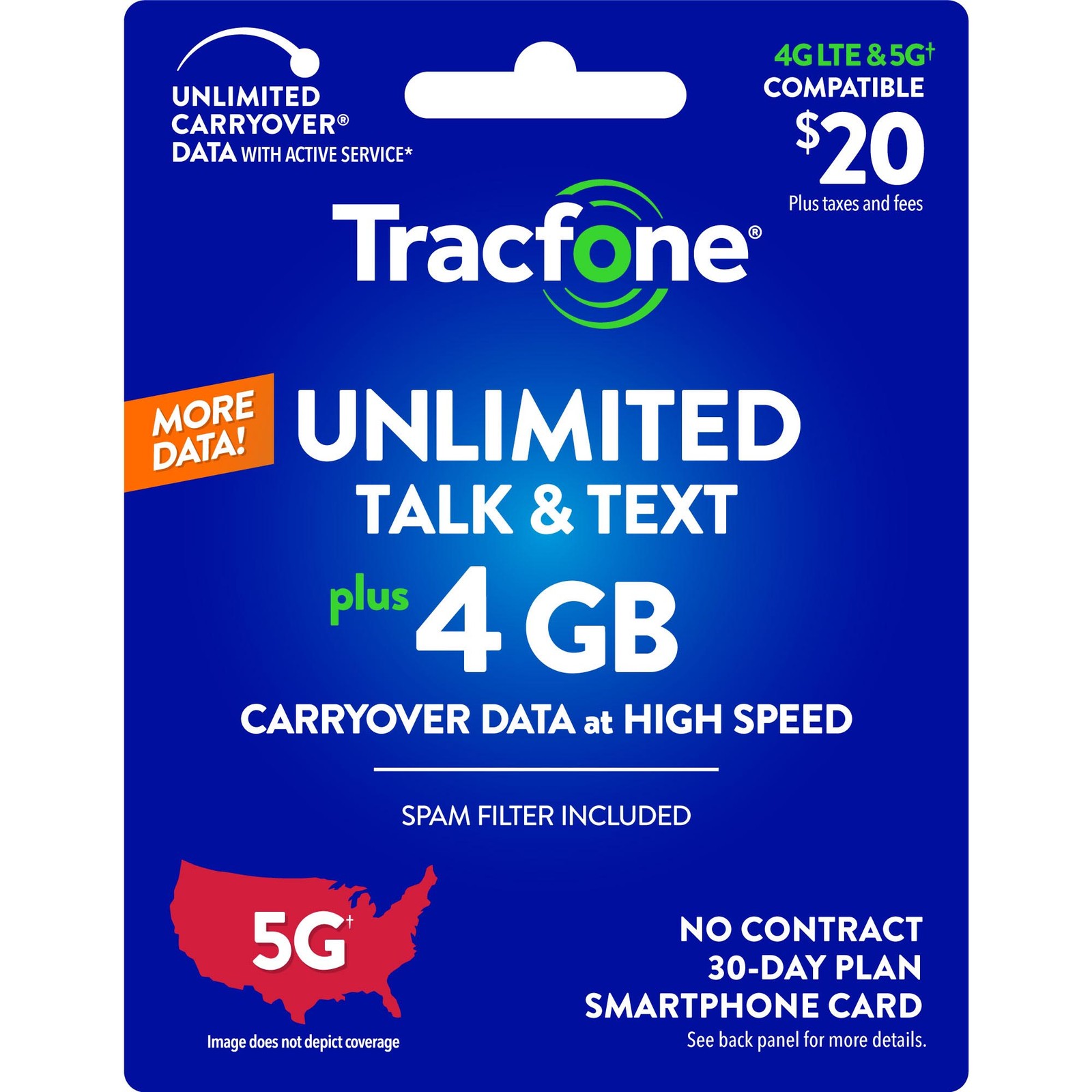 Tracfone $20 Unlimited Talk & Text, 4 GB of Data / 30 Days (Physical Card)