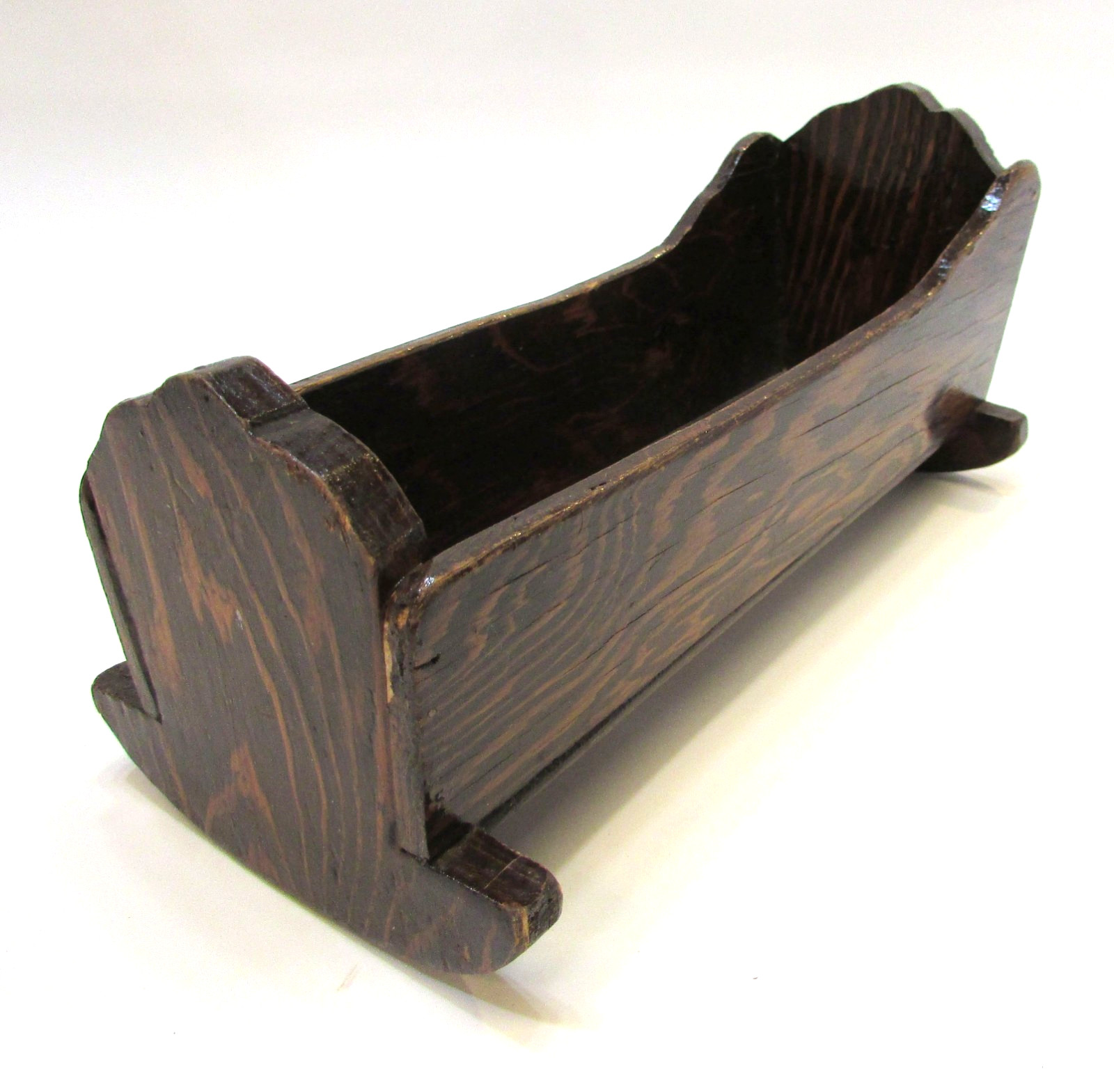 Vintage 1960's Handcrafted Dark Varnish Wood Baby Doll 10" Long Dollhouse Cradle