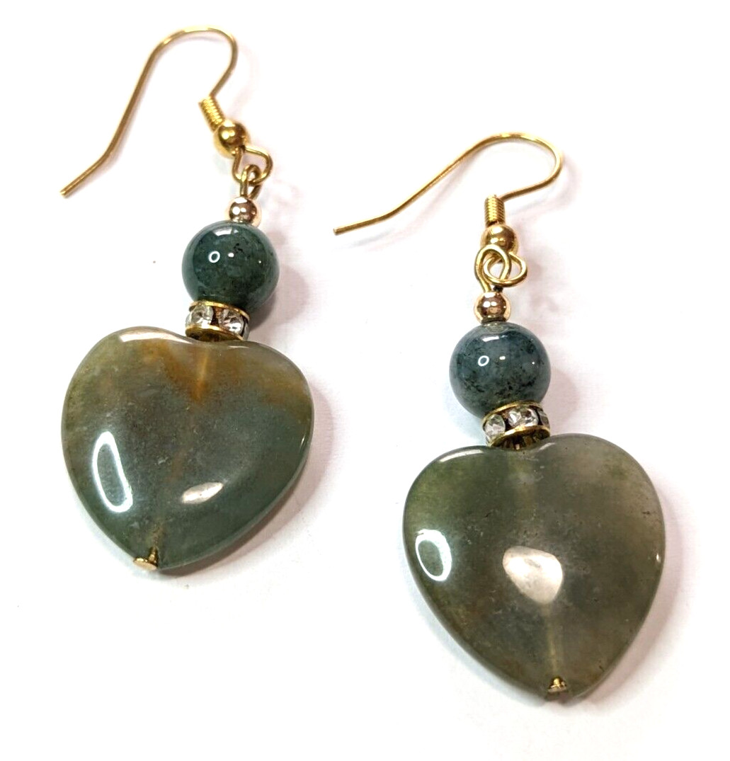 Gold Tone Pierced Drop Beaded Rhinestone Green Stone Heart Earrings 2.25"