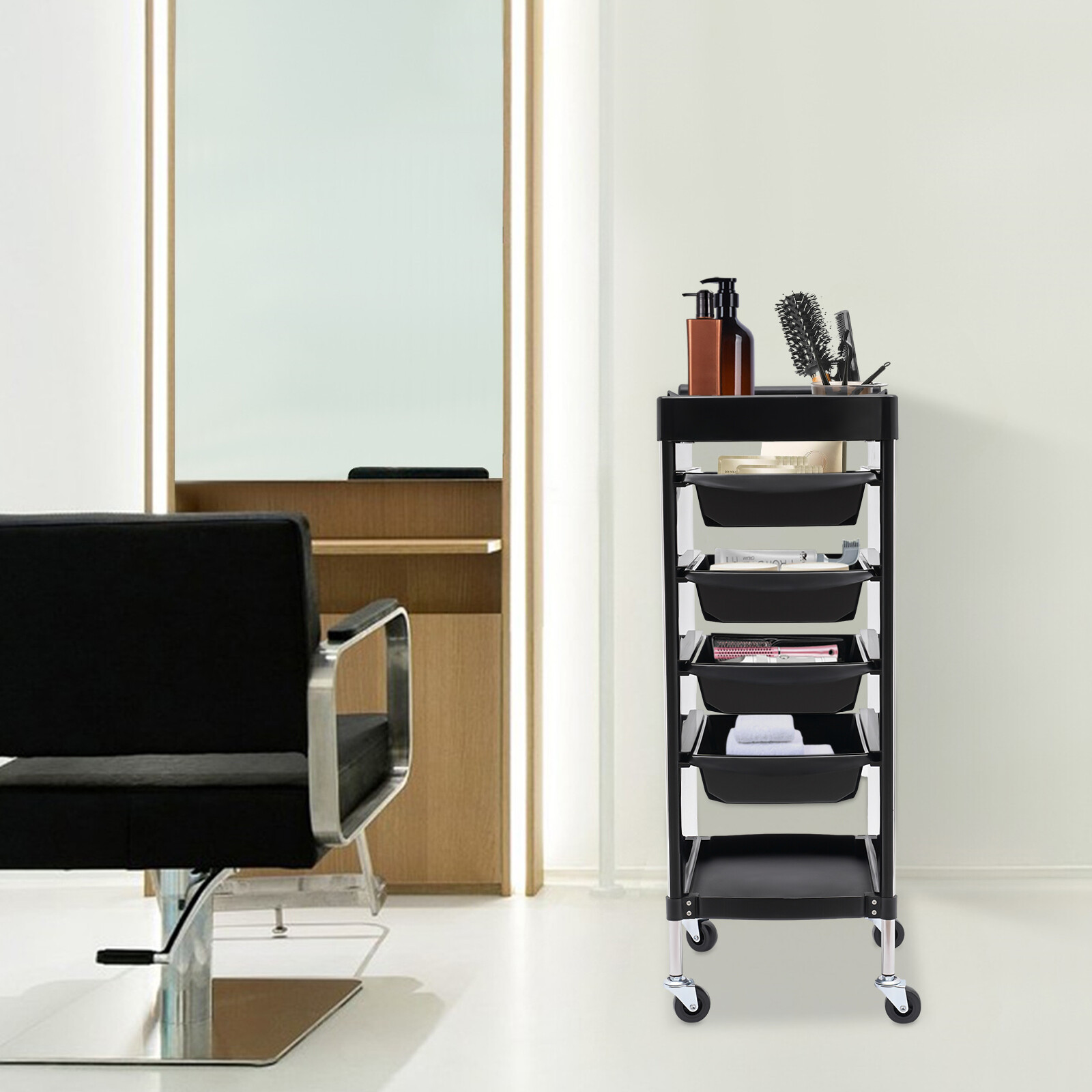 6-Tier Salon Trolley Cart with Wheels, 4 Drawers, Hair Cart Rolling Storage