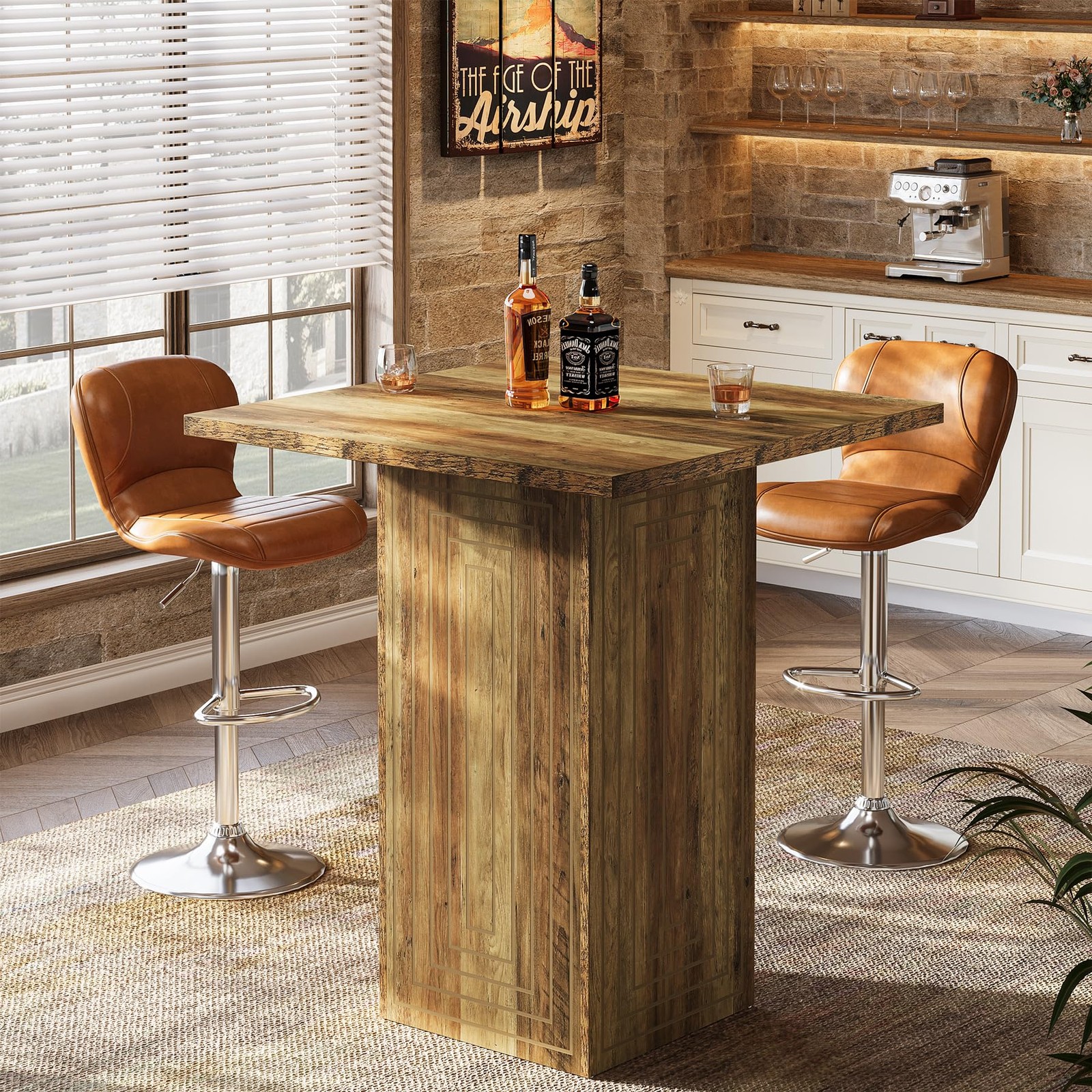 Square Bar Table, 31" Wooden Home Bar Unite with Geometric Texture