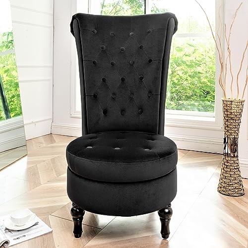 Royal High-Back Velvet Accent Chair for Vanity with Storage and Luxurious Black