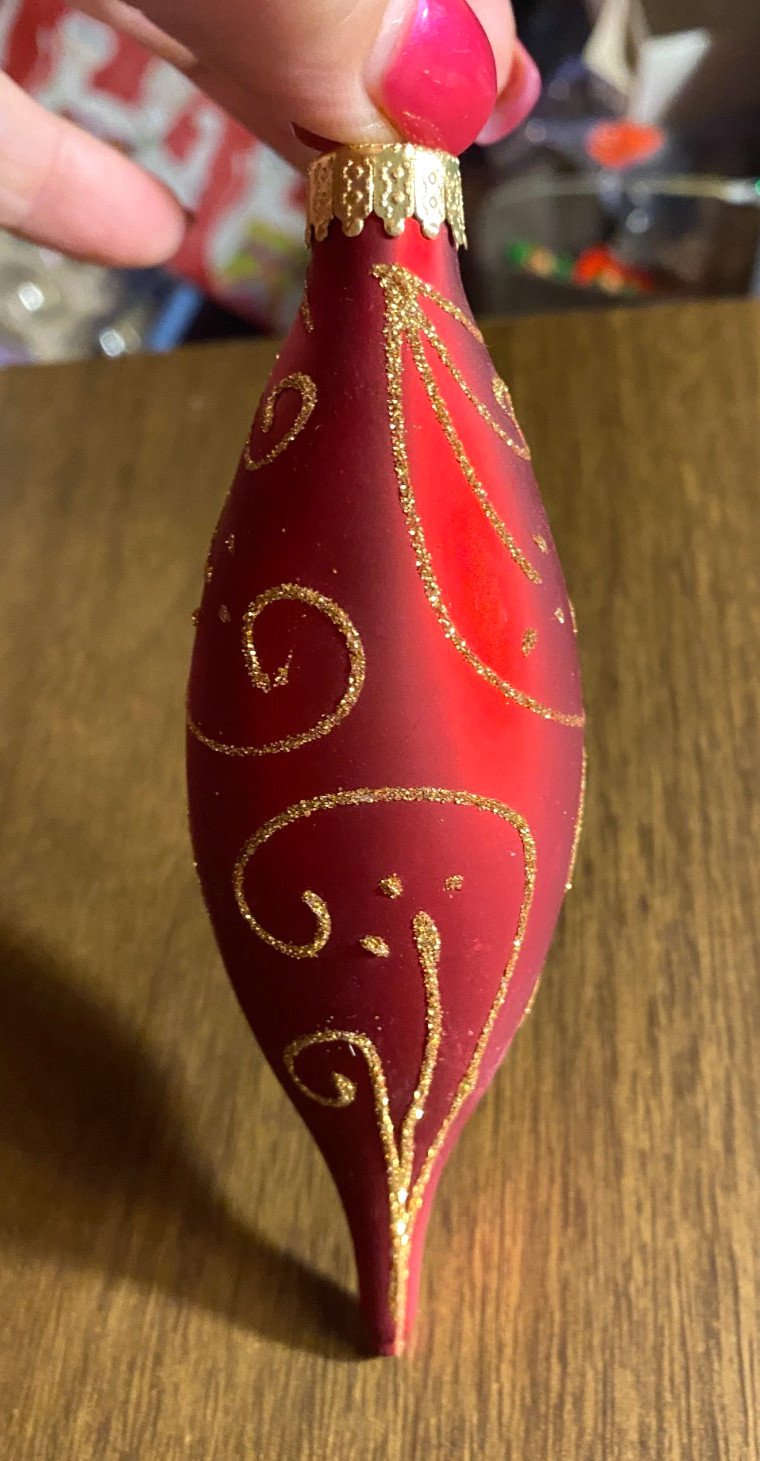 UT Unique Treasures Teardrop Red Gold Glitter Blown Glass Christmas Ornament 4.5