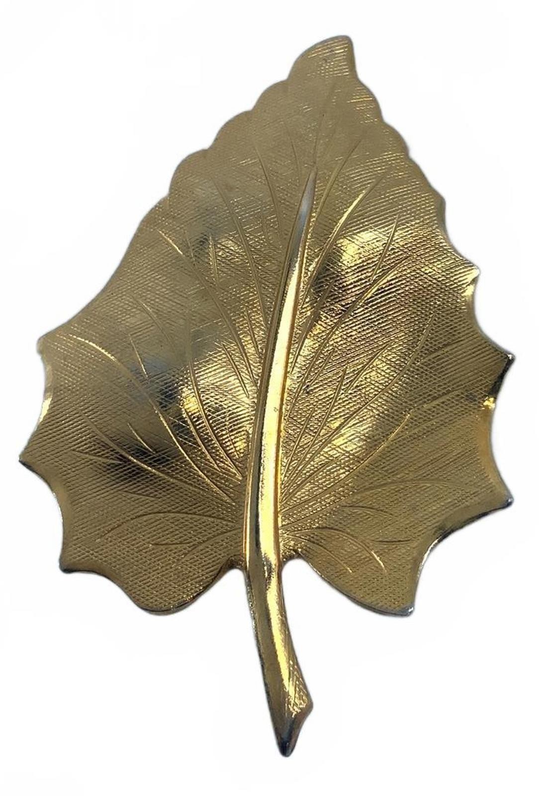 Vintage Gold Tone Textured Leaf Brooch Mid Century Modern Botanical Pin Large