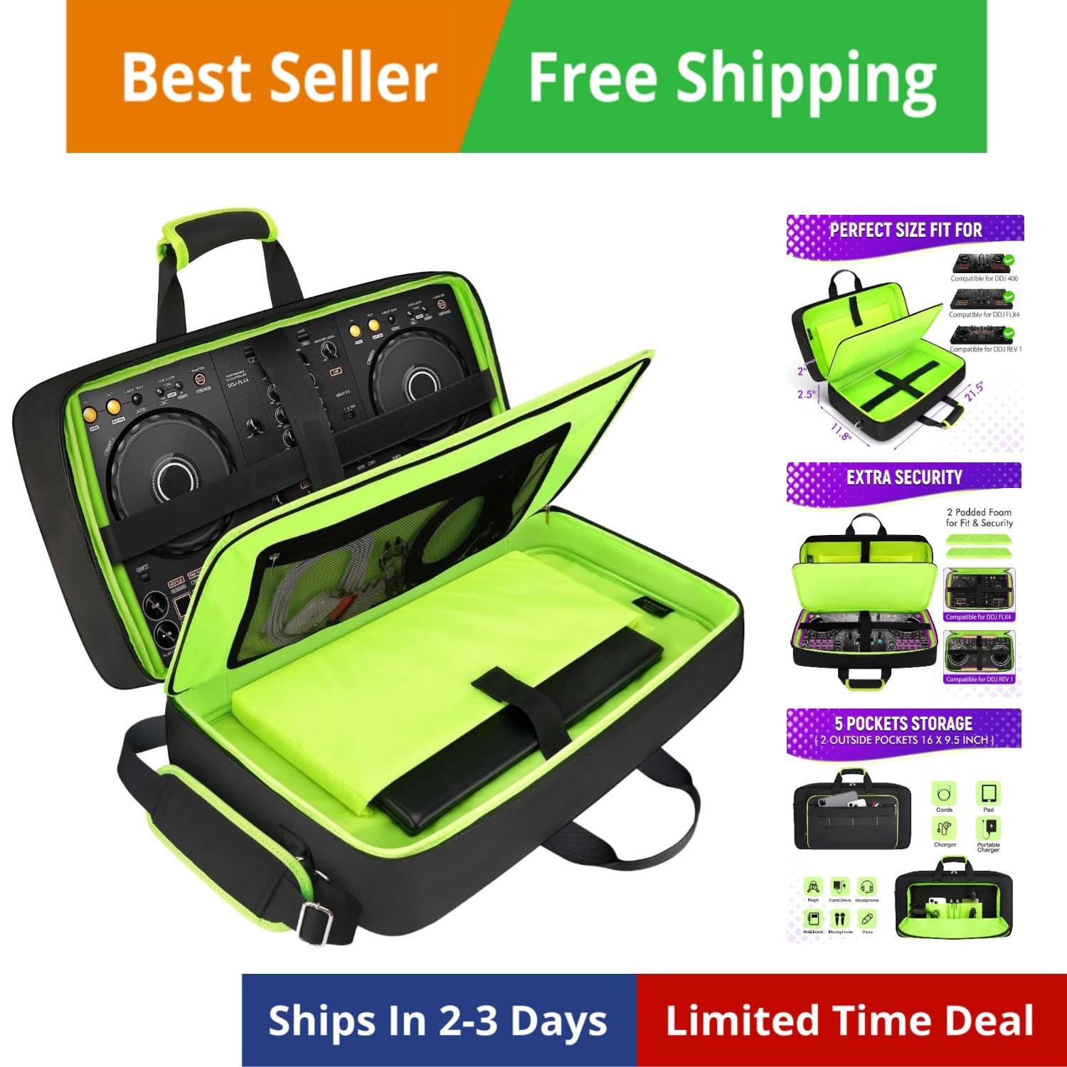 for DDJ / DJ 400/ DDJ , Padded DJ Controller Bag with 5 Pockets for Laptop, H...