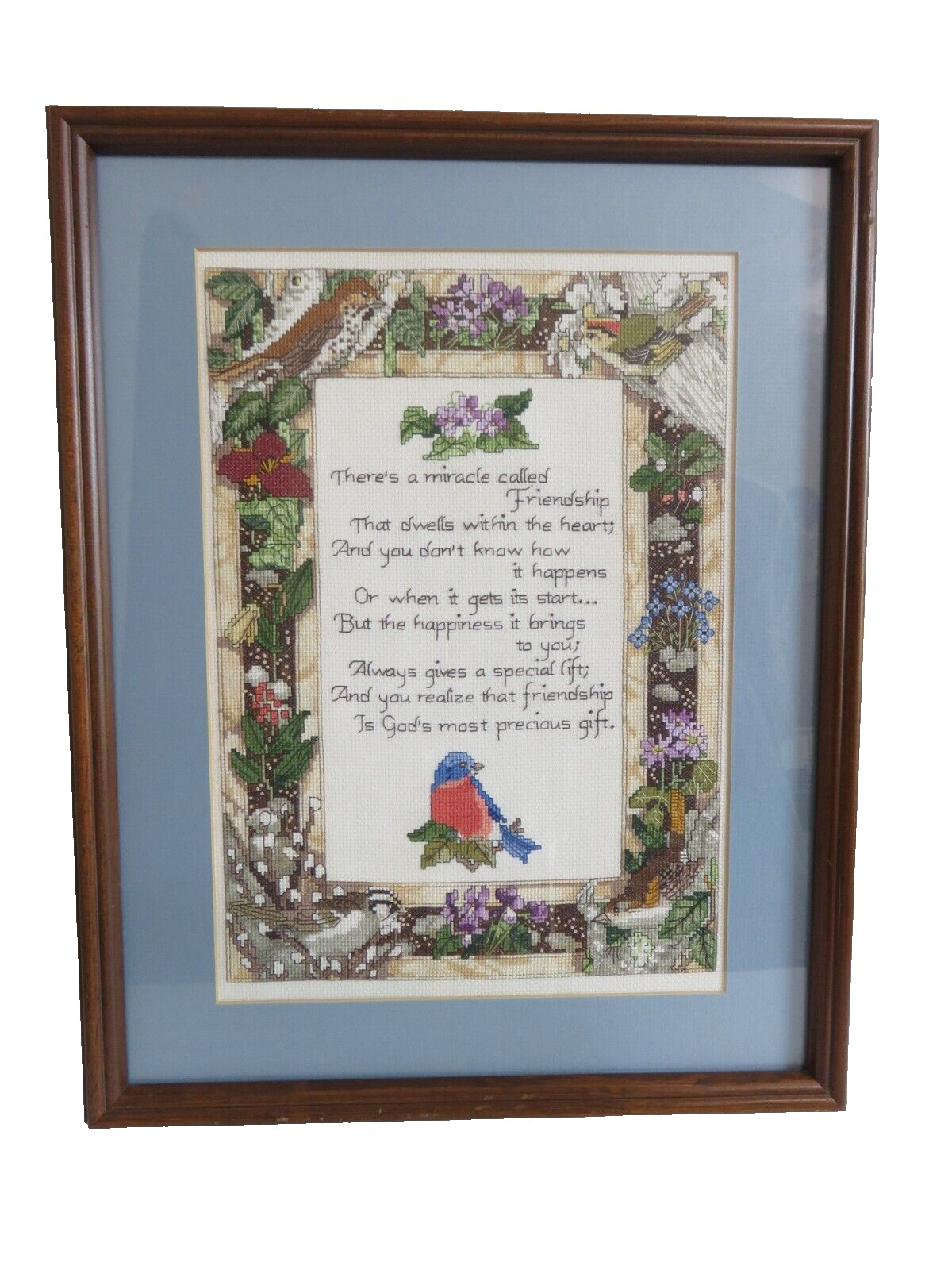 Framed Needlepoint Friendship Bird Floral Handmade Finished Wall Art 19.5 x 15.5