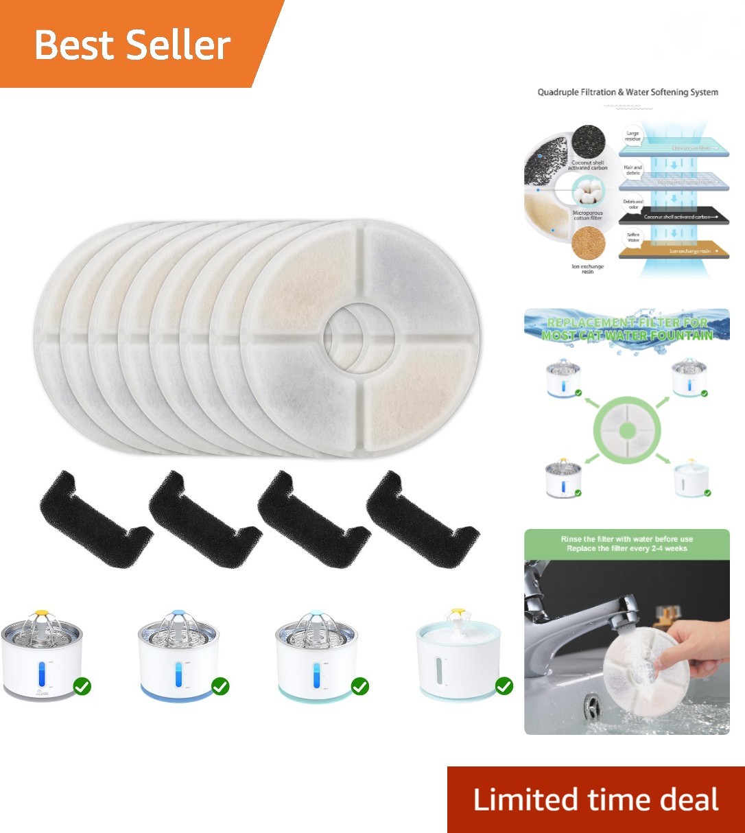 Cat Fountain Filter Replacement for Round Stainless Steel Top Cat Fountain, 8...