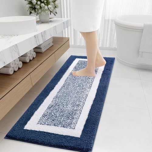  Bathroom Rugs 47x20, Extra Soft and Absorbent 47" x 20" Navy and White