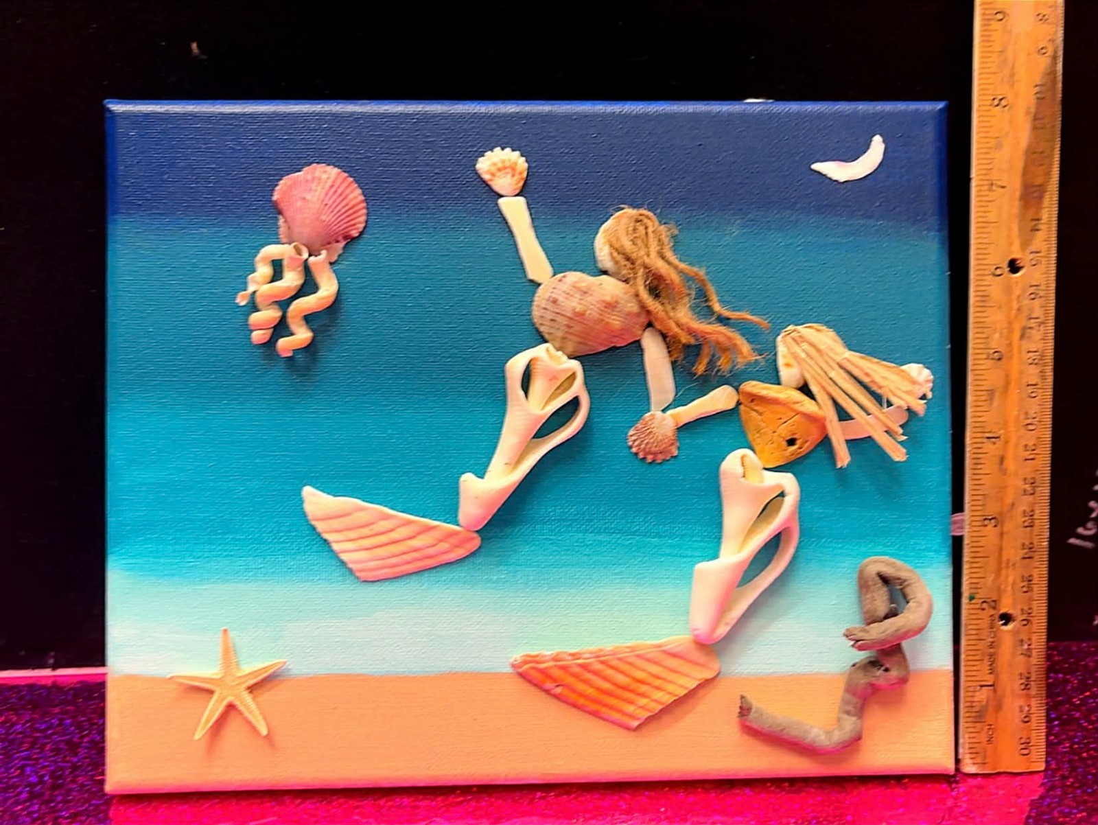 3d Sea Shell Art Canvas Mermaid/ Sea turtle OOAK Coastal Decor Handmade