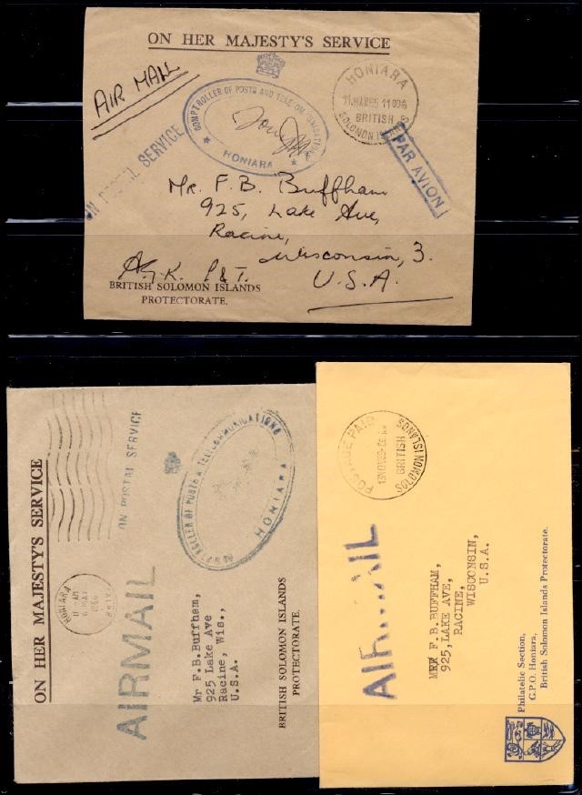 SOLOMON ISLANDS 3 1960 OFF STAMPLESS TO USA