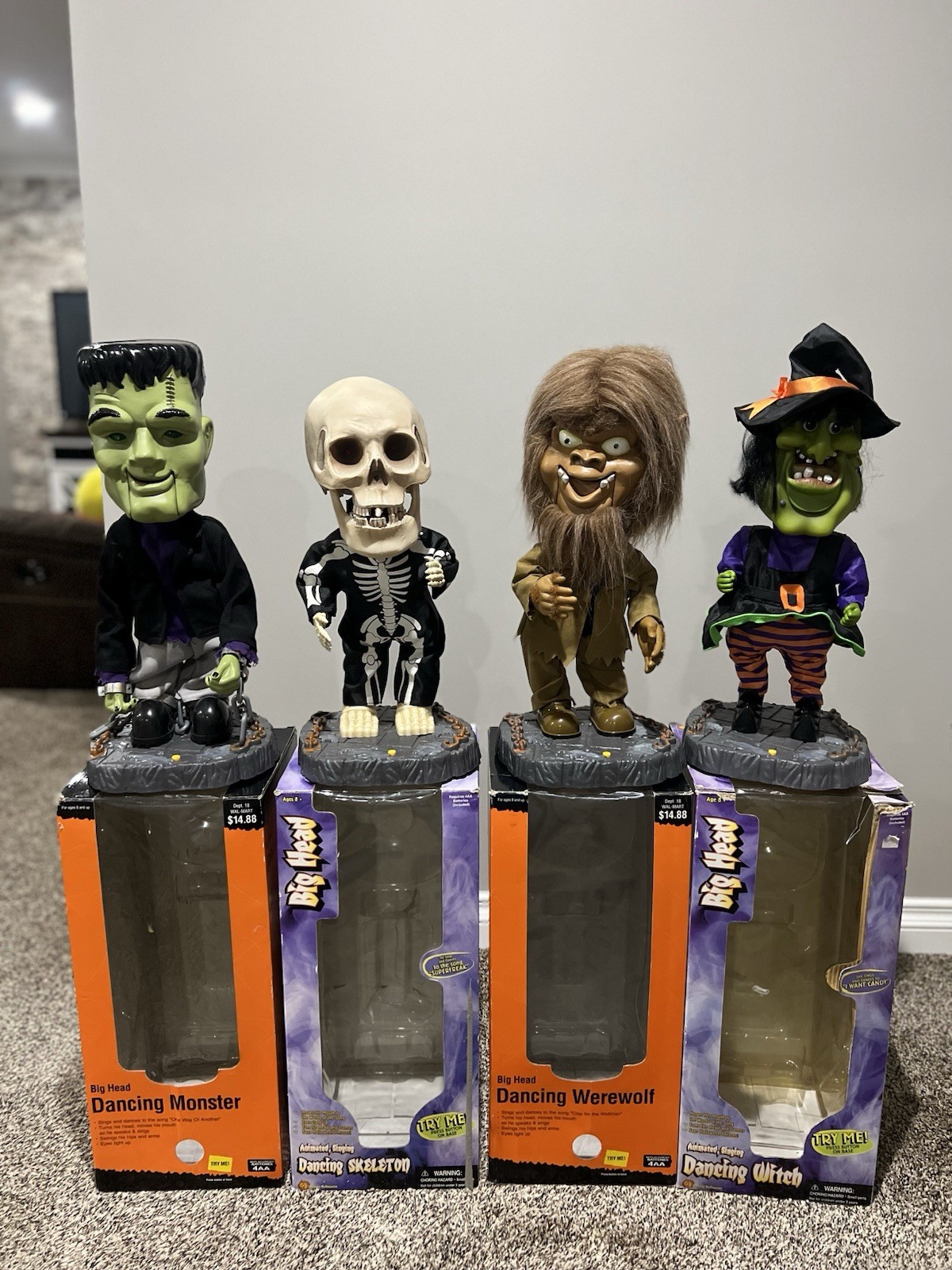 Lot Of 4!! Vintage BigHead Dancing Monsters Frankenstein Skeleton WereWolf Witch