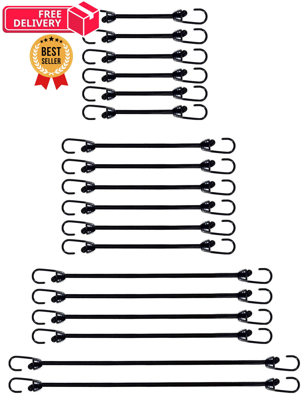 Joneaz Mini Bungee Cords with Hooks 2 inch 4 mixed sizes (18-Piece), Black 