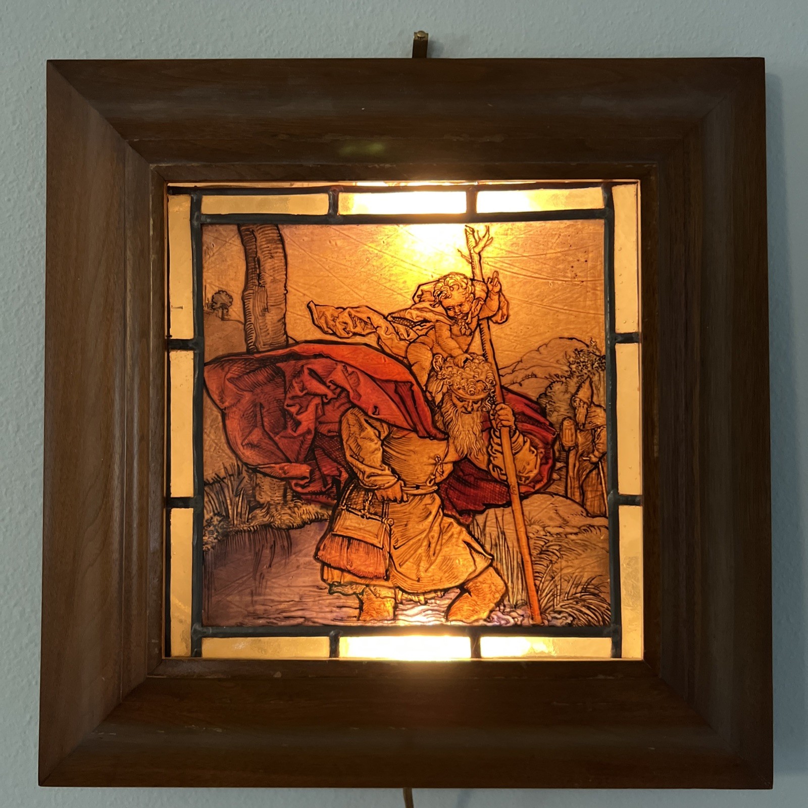Vintage Stained glass Lightbox  Saint Christopher And Jesus At Stream. RARE