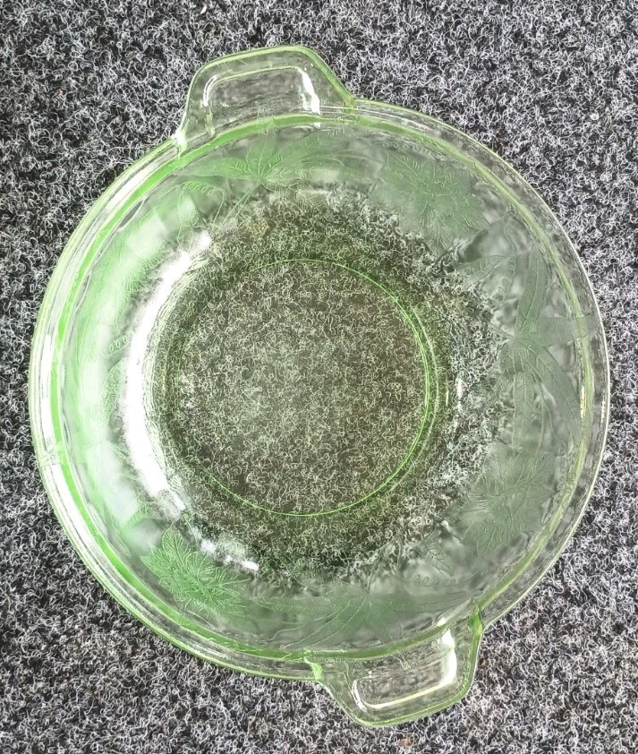 8" Uranium Glass Vintage Small Round Serving Dish Double Handle 8 inch