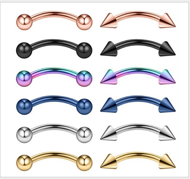 12 pcs Curved Barbell Eyebrow Banana Bar Ring Piercing Steel Anodized Ball Arrow