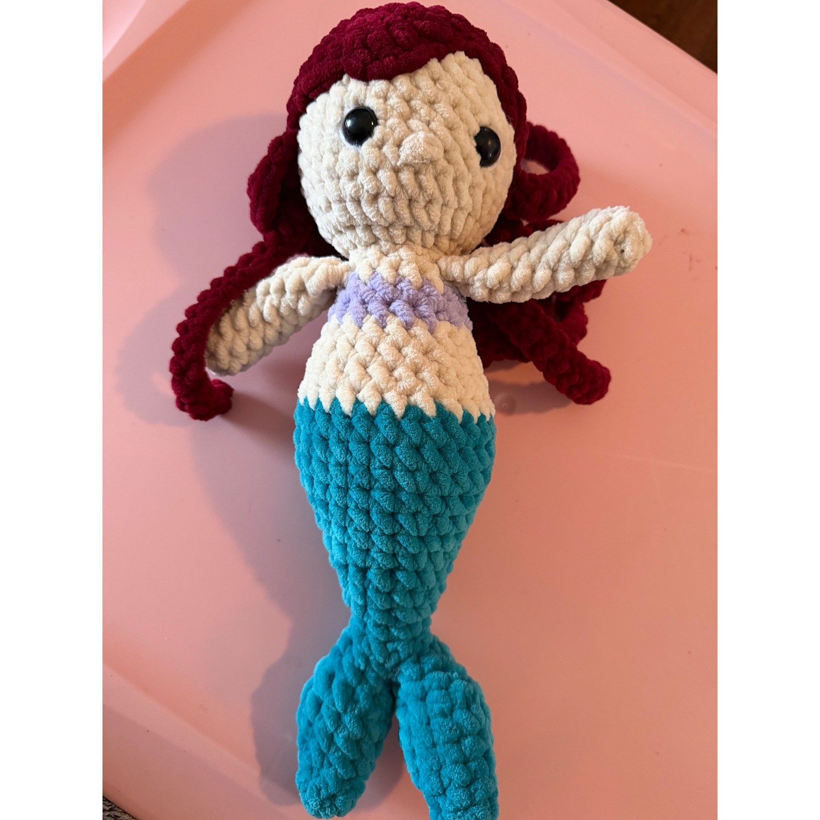 Handmade Crochet Mermaid Plush Doll Amigurumi Teal Red Lavender 14 Inch