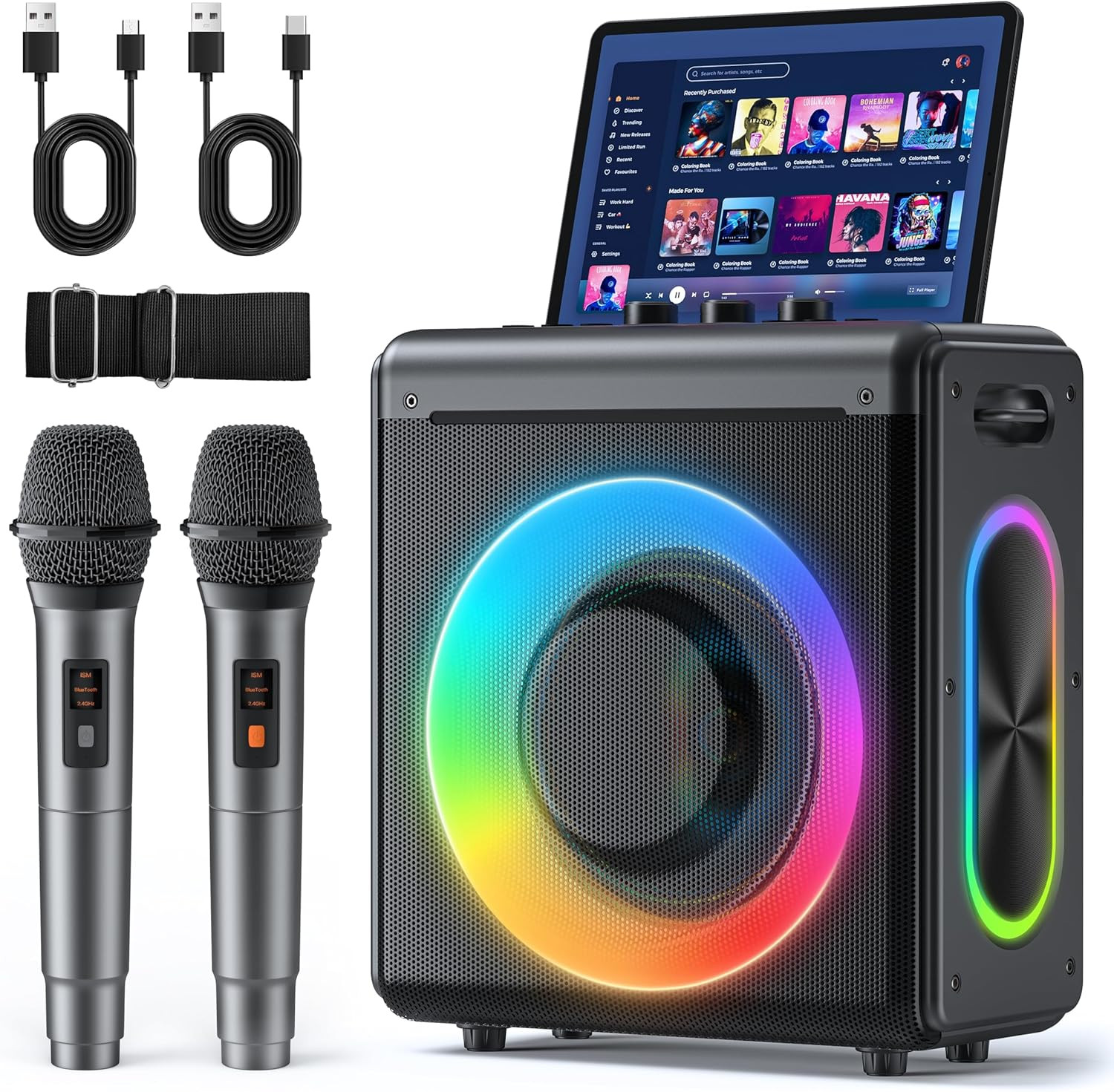 Karaoke Machine with 2 Wireless Rechargeable Microphones: Portable Bluetooth Spe