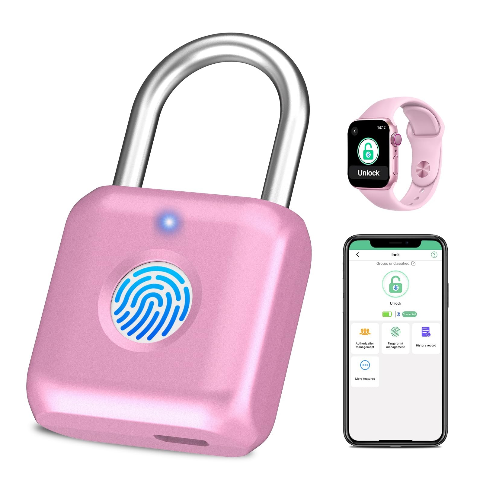 Fingerprint Padlock Gym Locker Lock for Girls Women with Phone App iOS Watch ...
