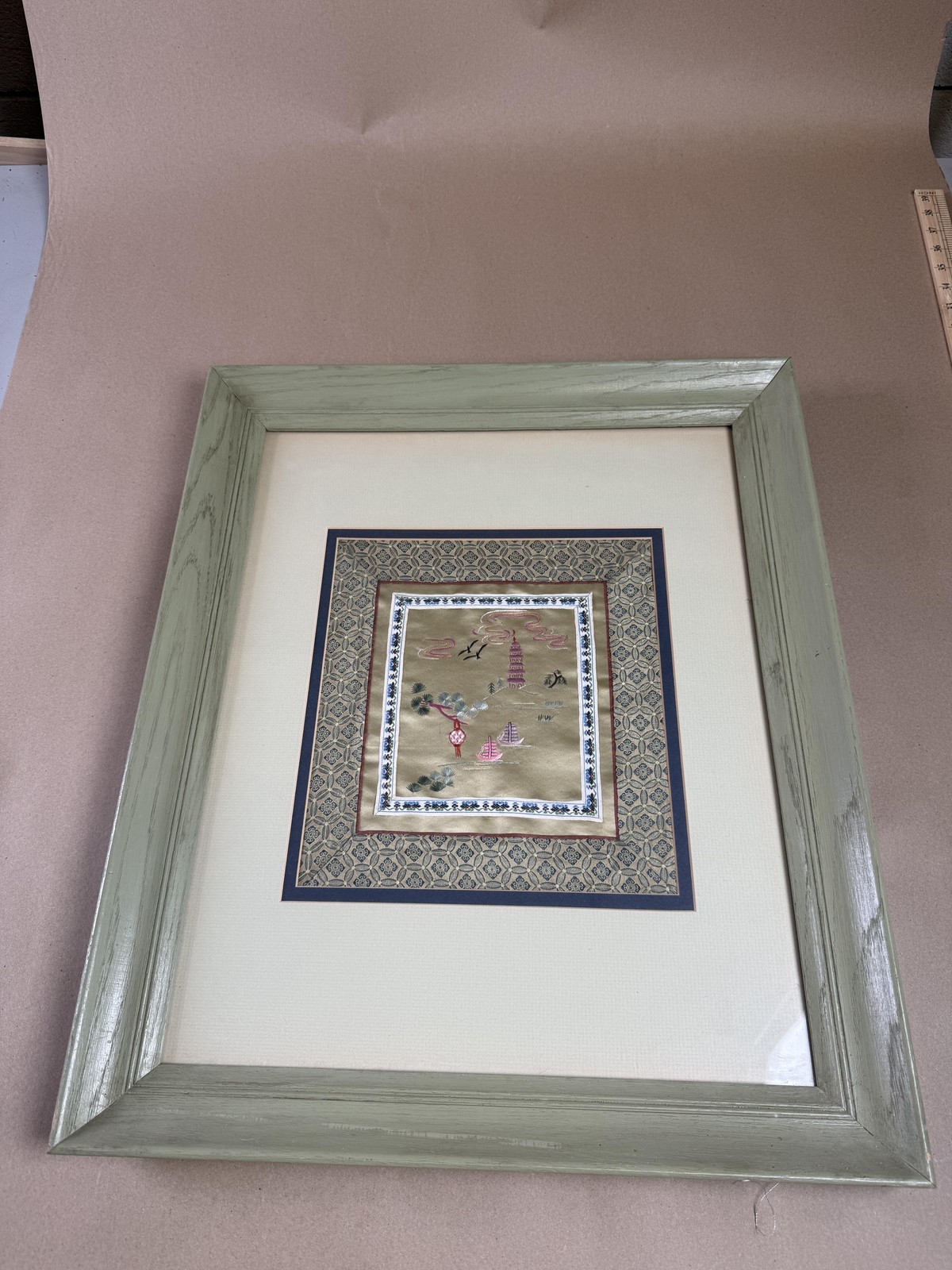 Chinese Silk Embroidery Pagoda Sailboat Landscape Tapestry Framed 19x24 Wall Art