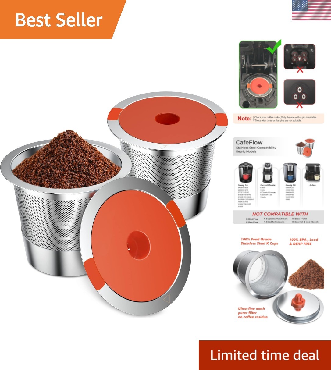 2 Pack Reusable K Cups coffee pods for Keurig 1.0 and 2.0:Stainless Steel Ref...