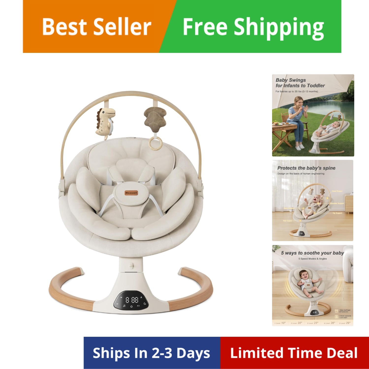 Baby Swings for Infants, Baby Swing, Infant Swing with 5 Speeds, 10 Lullabies...