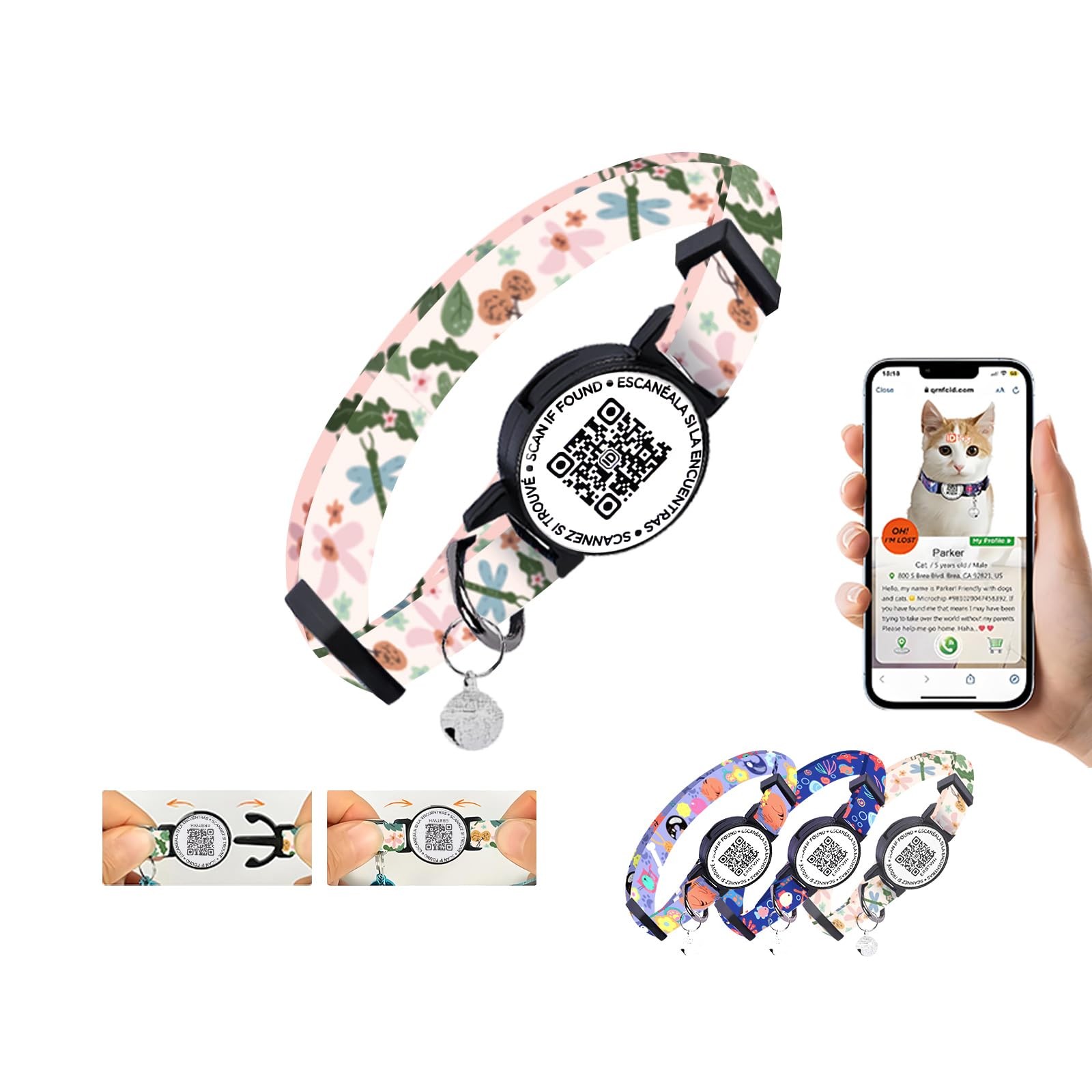 Nylon Breakaway Cat Collar QR Code with Air Tag Holder - Reusable Off-white 