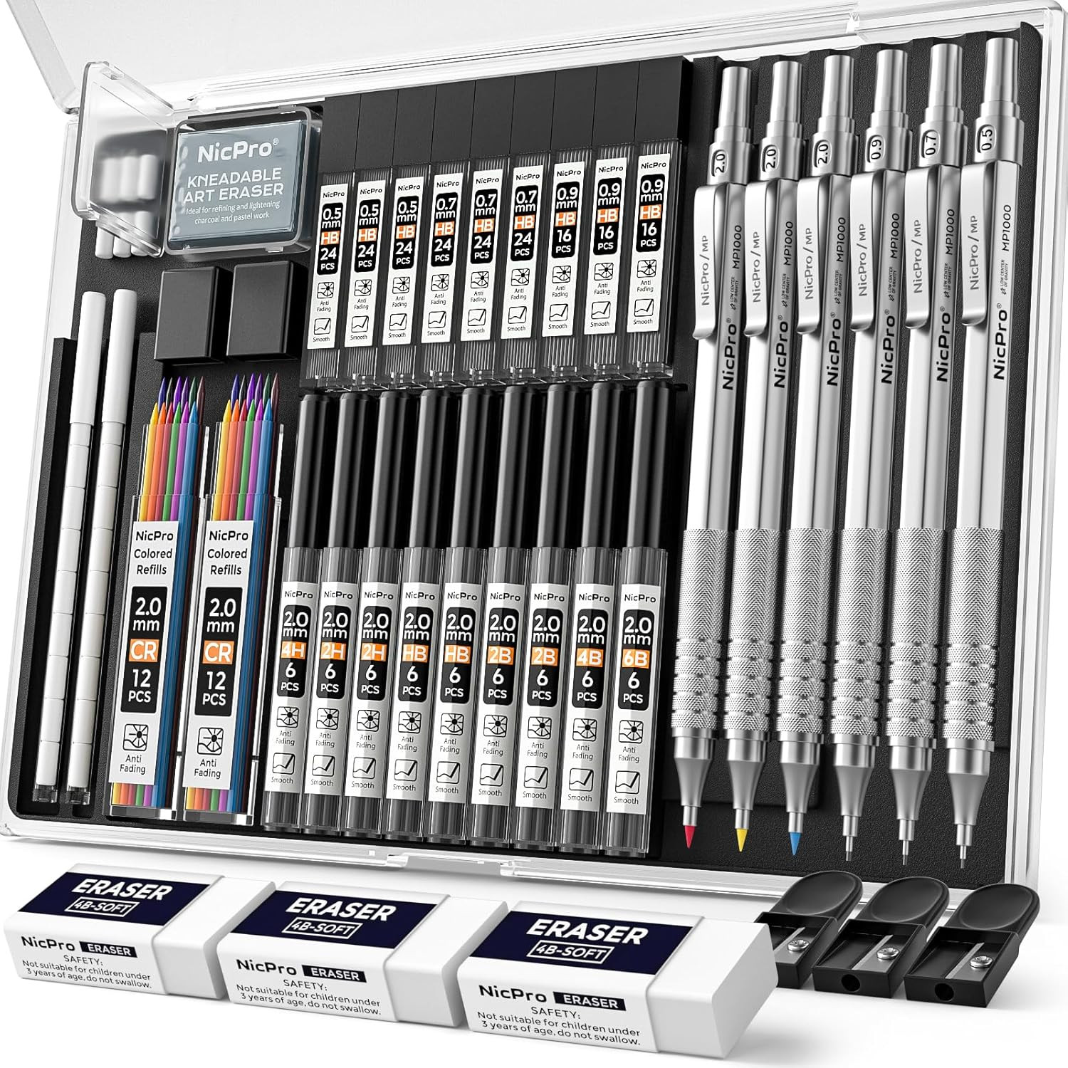 35PCS Silver Metal Mechanical Pencils Set in Case, Art Drafting Pencil 0.5, 0.7,