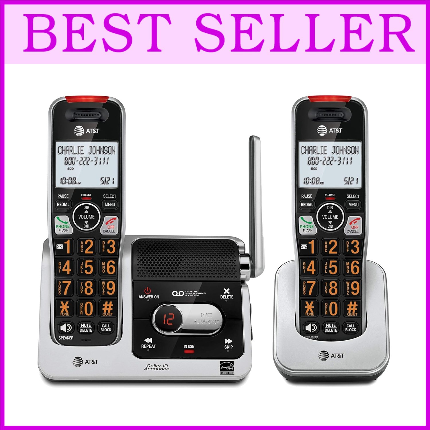 2-Handset Cordless Phone, Unsurpassed Range, Silver/Black