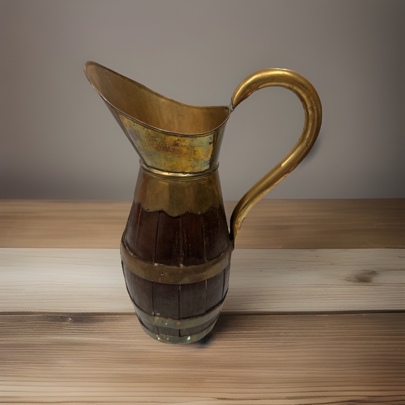 Antique Large Wooden Brass Hoops Wine Pitcher Jar Primitive Ewer Decorative 