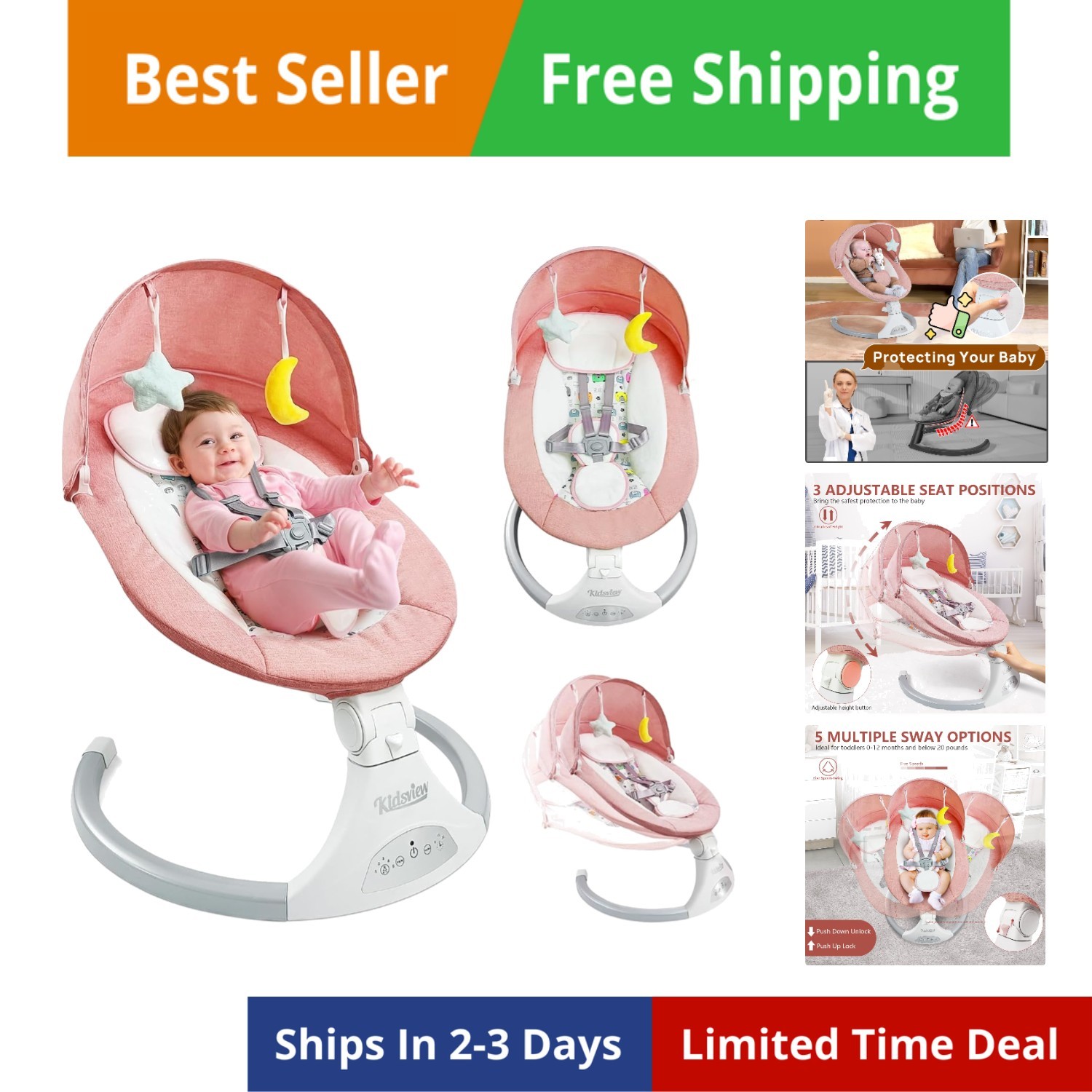 Pink Electric Baby Swing for Infants to Toddlers, 5 Speed Settings, 12 Built-...