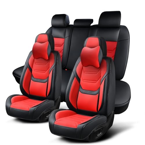 Car Seat Covers Full Set, Breathable Leather Front Pair and Rear Black&Red