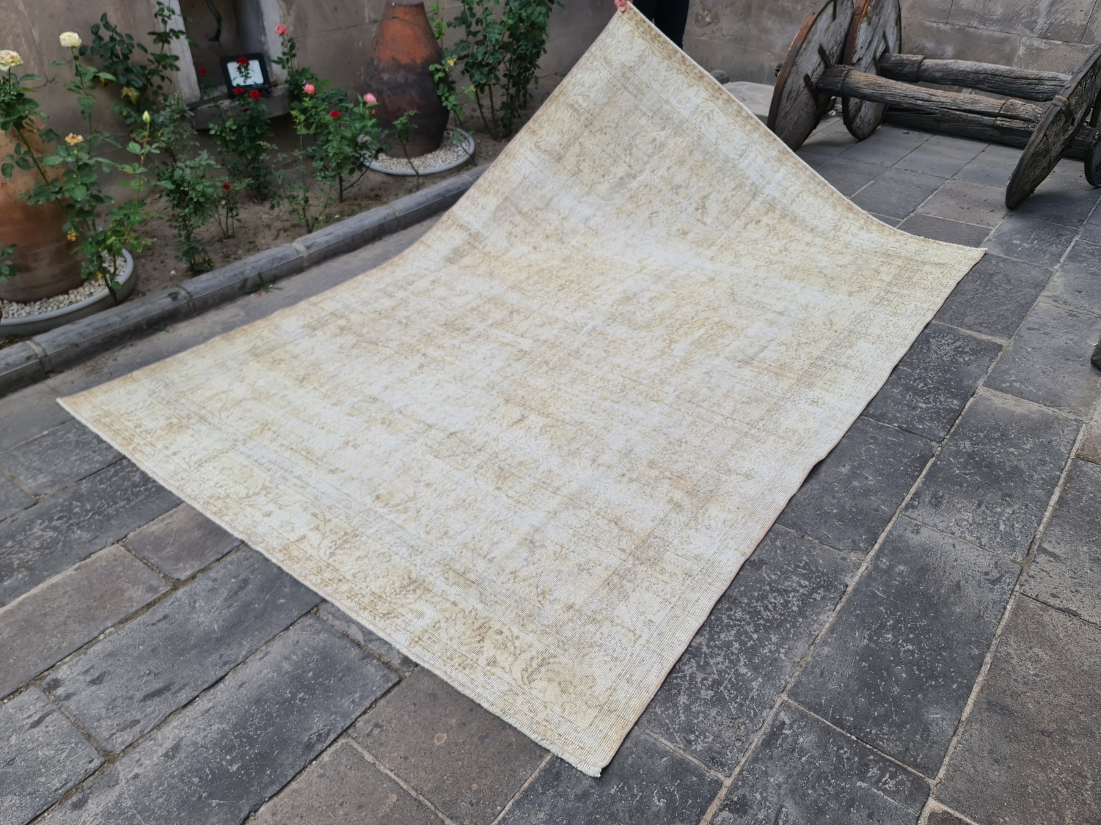 6.8x10 Vintage Turkish Rug | Muted Gold & Beige Oushak | Large Hand-Knotted Wool