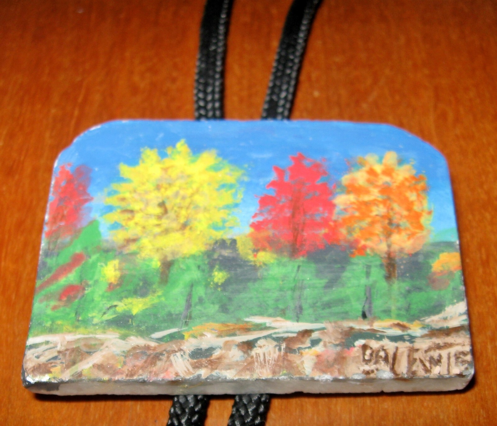 Vintage Bolo Tie Fall Trees Handcrafted DA Lewis Design Stone Danglers