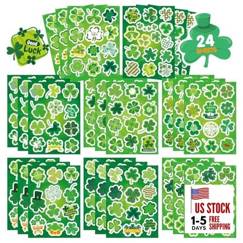 24 Sheets St. Patrick's Day Stickers Lucky Shamrock Four Leaf Clover Stickers