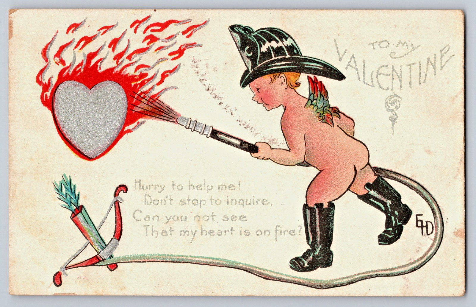 Fireman Cupid Water Hose Spraying Heart On Fire 1910s Valentine Postcard